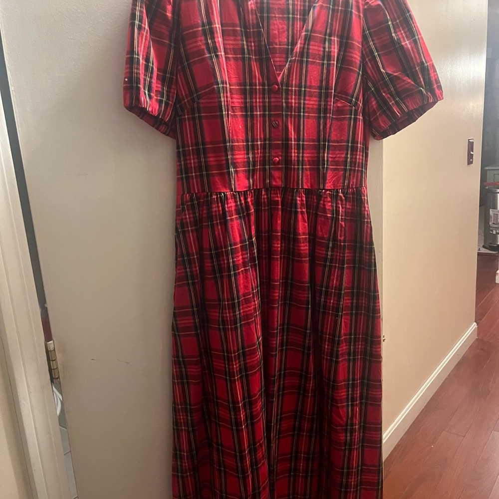 J. Crew Red and Black Plaid Midi Dress